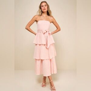 NWT Lulus Blush Pink Strapless Jacquard Tiered Midi Dress Large